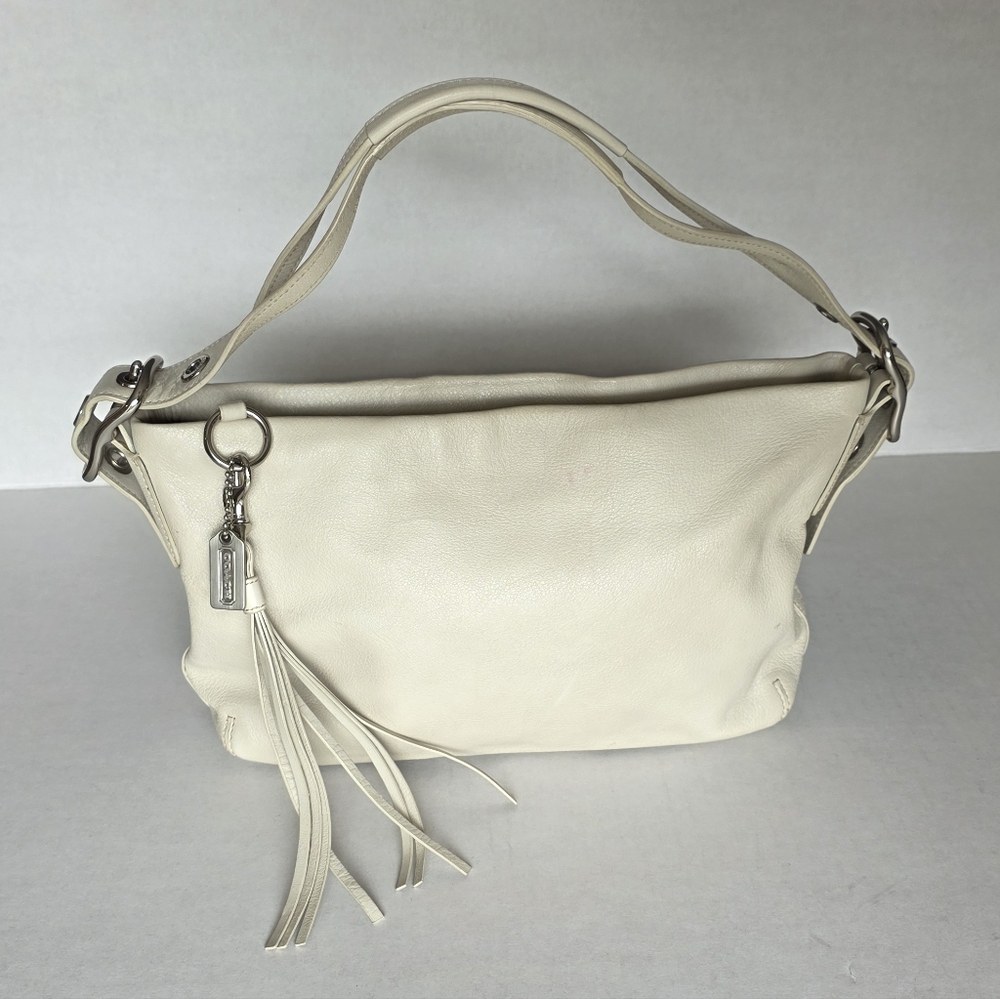 COACH Pebbled Leather Shoulder Bag with Tassel Charm Cream Color